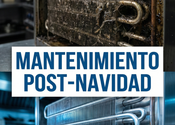 Operario técnico realizando mantenimiento en cocina industrial limpiando condensador de nevera