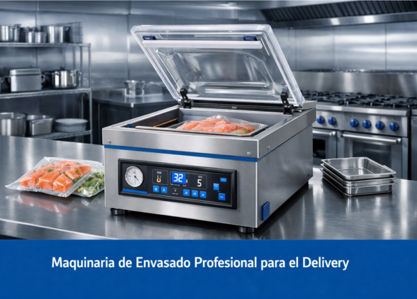 Envasadora de campana profesional sellando bolsas al vacío en cocina industrial de acero inoxidable