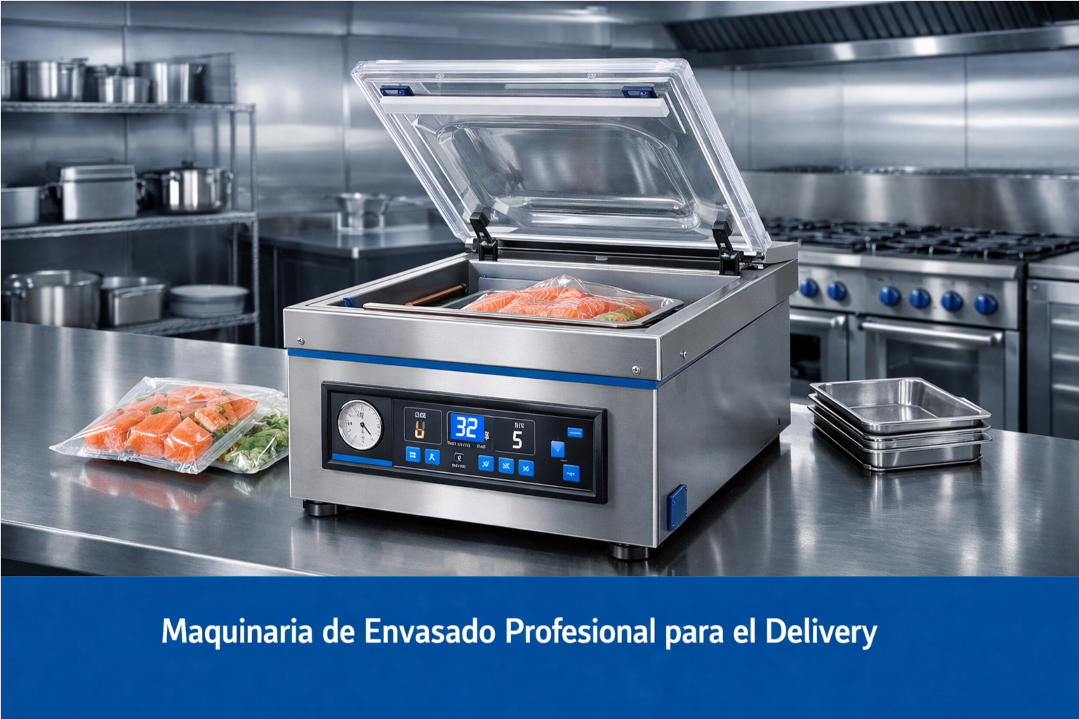 Envasadora De Campana Profesional Sellando Bolsas Al Vacío En Cocina Industrial De Acero Inoxidable