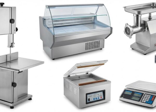 Equipamiento completo para carnicería moderna con vitrina refrigerada, sierra de cinta y cámara frigorífica