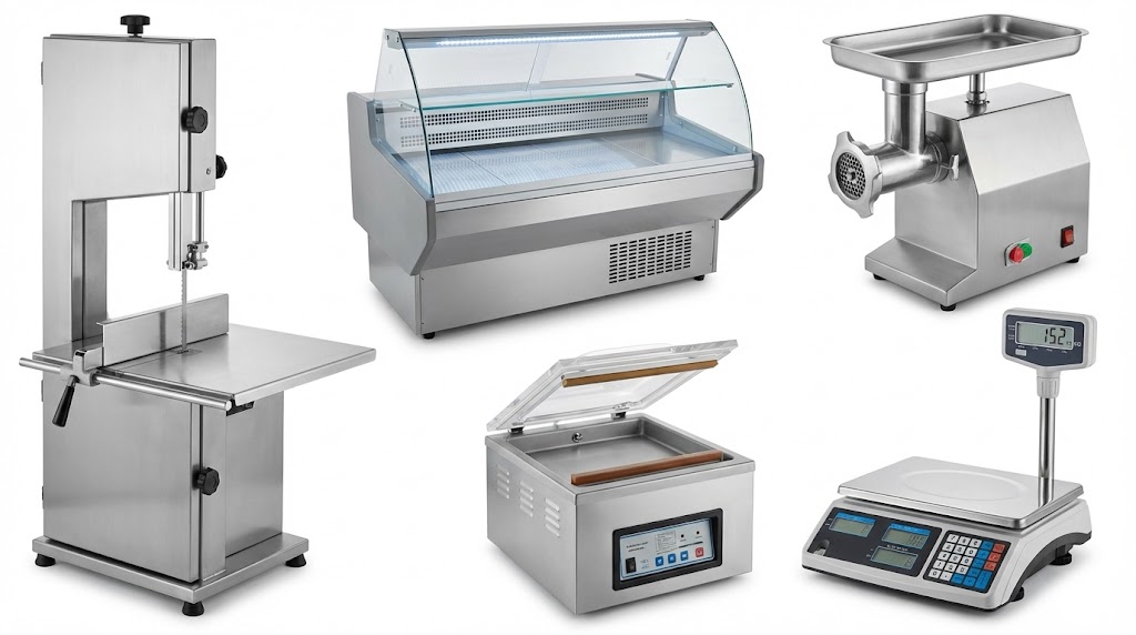 Maquinaria Esencial Para Carnicerías Y Charcuterías Modernas Equipamiento Completo Para Carnicería Moderna Con Vitrina Refrigerada Sierra De Cinta Y Cámara Frigorífica