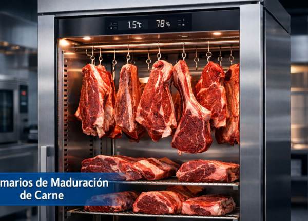 Armario de maduración de carne profesional con vitrina de cristal, piezas colgadas en barra y control electrónico de temperatura y humedad