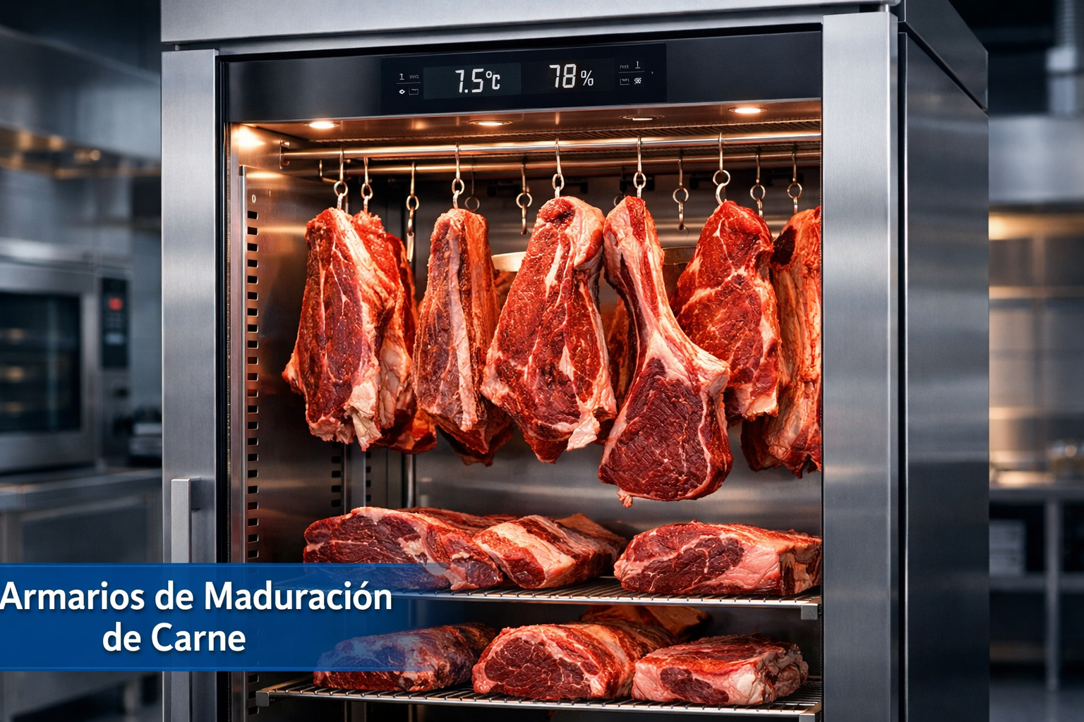 Armario De Maduración De Carne Profesional Con Vitrina De Cristal Piezas Colgadas En Barra Y Control Electrónico De Temperatura Y Humedad