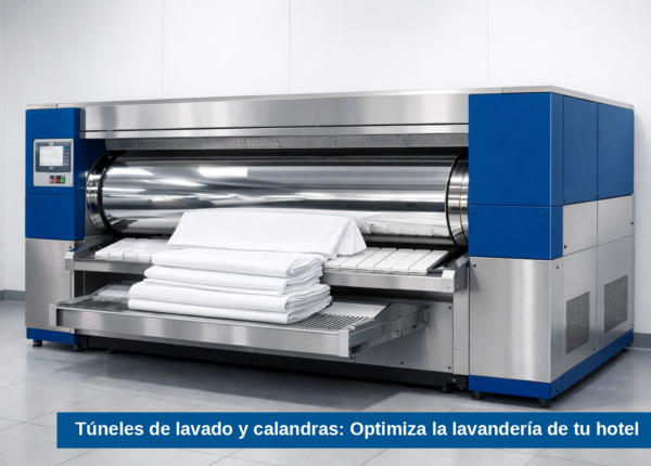 Calandra mural industrial en lavandería hotelera con rodillo de gran formato y acabado profesional de ropa plana
