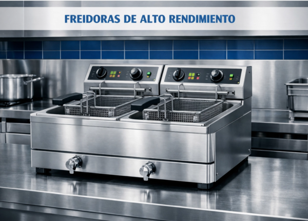 Freidora industrial de doble cuba de acero inoxidable en cocina profesional de hostelería