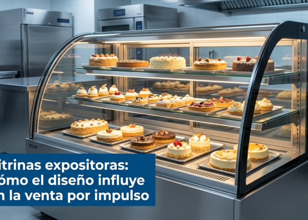 Vitrina expositora refrigerada para pastelería con iluminación LED, cristal curvo y tartas en exposición en pastelería profesional de Madrid