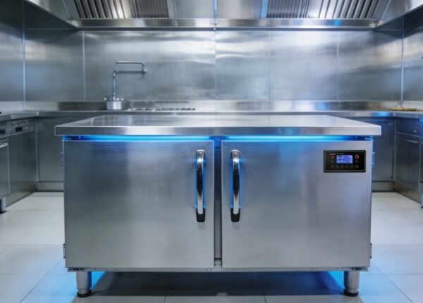 Mesa refrigerada de dos puertas en acero inoxidable instalada en cocina profesional de restaurante, con encimera de trabajo y control digital de temperatura