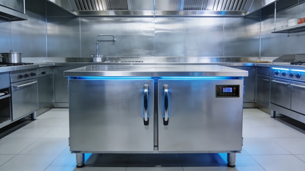 Mesa Refrigerada Cocina Profesional Acero Inoxidable Bajo Mostrador Mesa Refrigerada De Dos Puertas En Acero Inoxidable Instalada En Cocina Profesional De Restaurante Con Encimera De Trabajo Y Control Digital De Temperatura