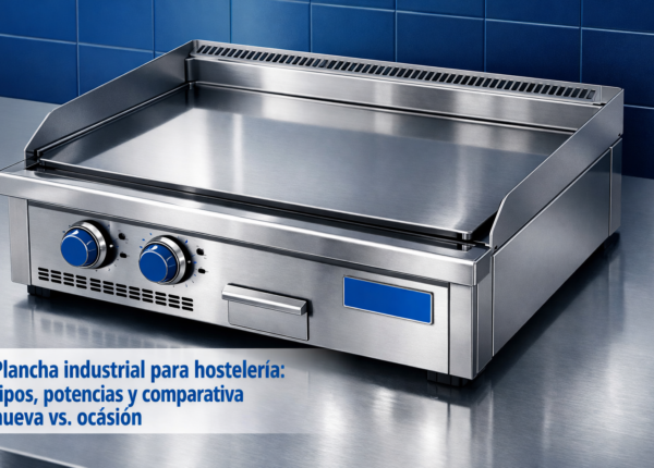 Plancha industrial de gas con placa de cromo duro en cocina profesional de restaurante, acero inoxidable