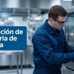 Técnico Realizando La Puesta En Marcha De Un Horno Industrial De Acero Inoxidable En Una Cocina Profesional