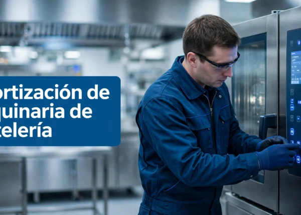 Técnico realizando la puesta en marcha de un horno industrial de acero inoxidable en una cocina profesional