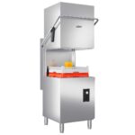 Asber Ges H500 Industrial Stainless steel Dishwasher with an Open Rack of Red Baskets and White Inserts Ready for Loading