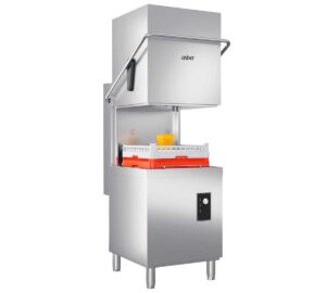 Asber Ges H500 Industrial Stainless steel Dishwasher with an Open Rack of Red Baskets and White Inserts Ready for Loading