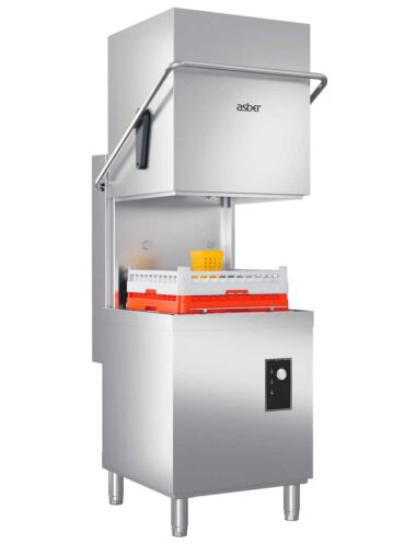 Asber Ges H500 Industrial Stainless steel Dishwasher with an Open Rack of Red Baskets and White Inserts Ready for Loading
