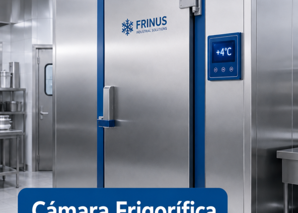 Cámara frigorífica industrial modular de acero inoxidable instalada en cocina profesional de restaurante con panel de control de temperatura