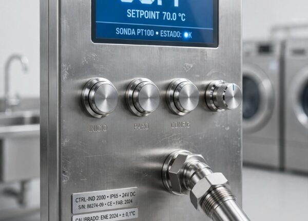 Panel de control de secadora industrial de lavandería en instalación de hostelería, fondo neutro tipo catálogo
