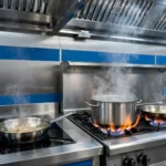 Placa De Inducción Profesional Junto a Fogones De Gas En Una Cocina Industrial De Hostelería