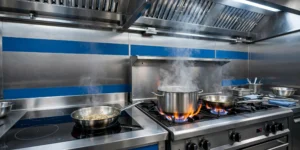 Placa De Inducción Profesional Junto a Fogones De Gas En Una Cocina Industrial De Hostelería