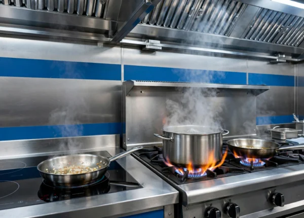 Placa de inducción profesional junto a fogones de gas en una cocina industrial de hostelería