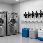 Detalle De Tres Bombas Dosificadoras Con Tubos De Colores Conectadas a Una Lavadora Industrial De Acero Inoxidable En Una Lavandería De Hotel