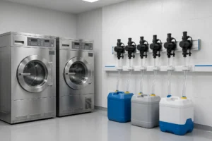 Detalle De Tres Bombas Dosificadoras Con Tubos De Colores Conectadas a Una Lavadora Industrial De Acero Inoxidable En Una Lavandería De Hotel