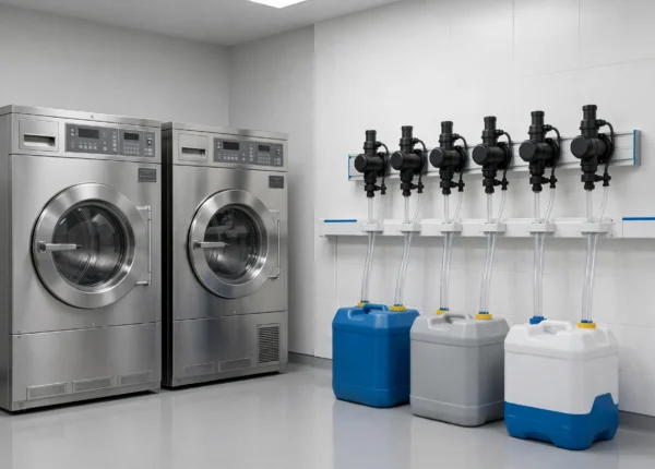 Detalle de tres bombas dosificadoras con tubos de colores conectadas a una lavadora industrial de acero inoxidable en una lavandería de hotel
