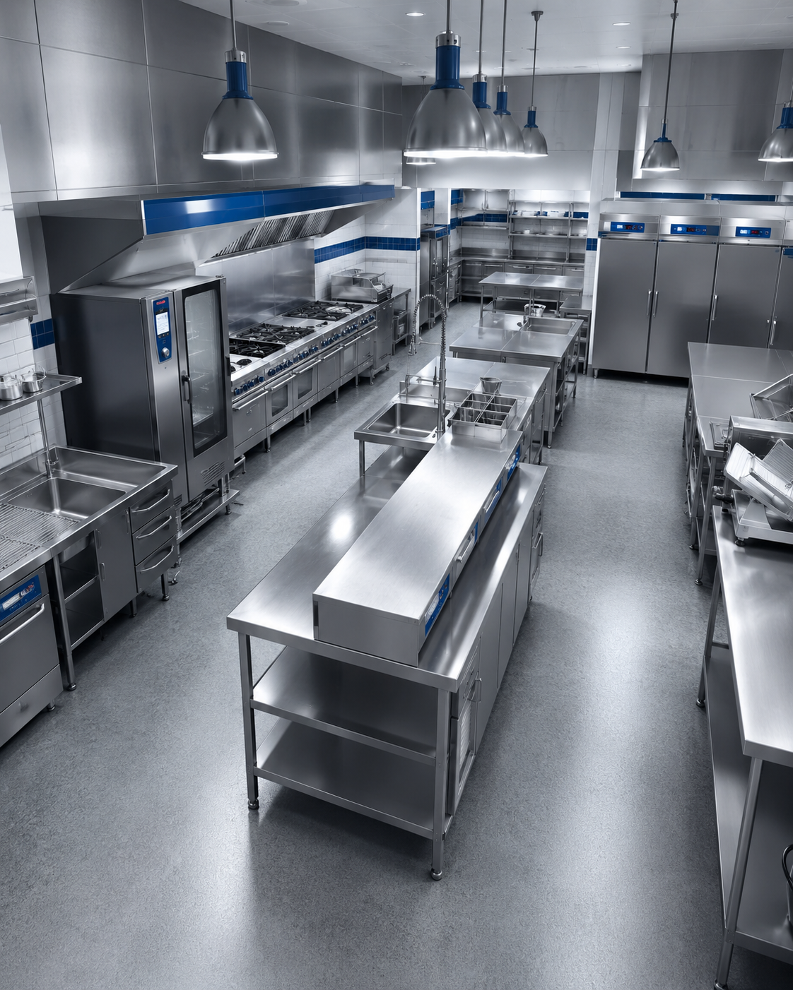Equipamientoabrirrestaurantebarfrinus Industrial Commercial Kitchen with Stainless Steel Worktables Ovens and Refrigeration Along White and blue Tiled Walls Under Brightpendant Lights