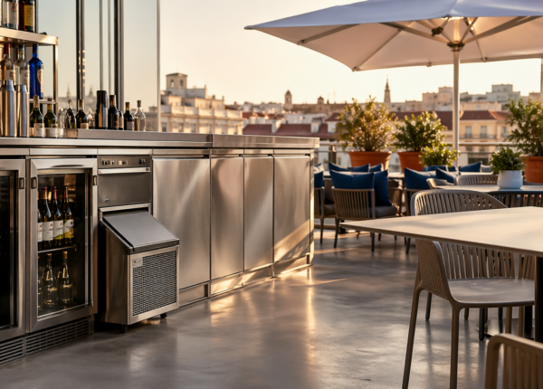 Terraza profesional de bar equipada con botellero refrigerado en acero inoxidable, mobiliario exterior y máquina de hielo de hostelería