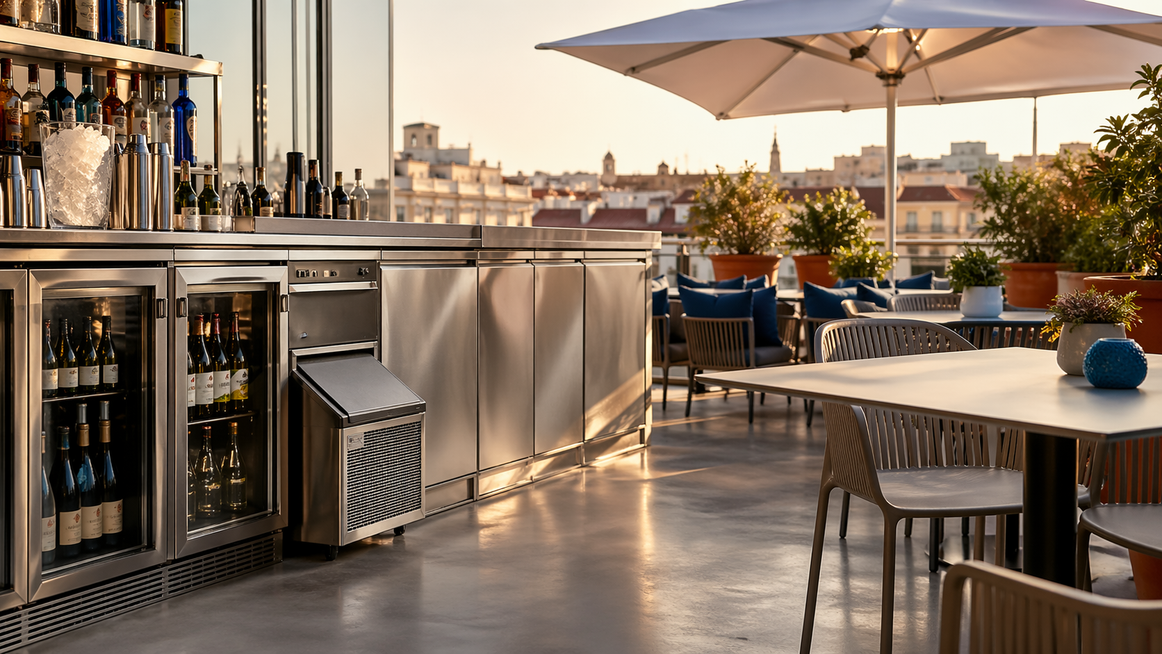 Terraza Profesional De Bar Equipada Con Botellero Refrigerado En Acero Inoxidable Mobiliario Exterior Y Máquina De Hielo De Hostelería