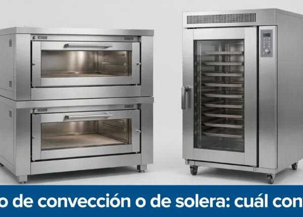 Dos hornos de panadería industriales de acero inoxidable lado a lado: un horno de solera modular y un horno de convección