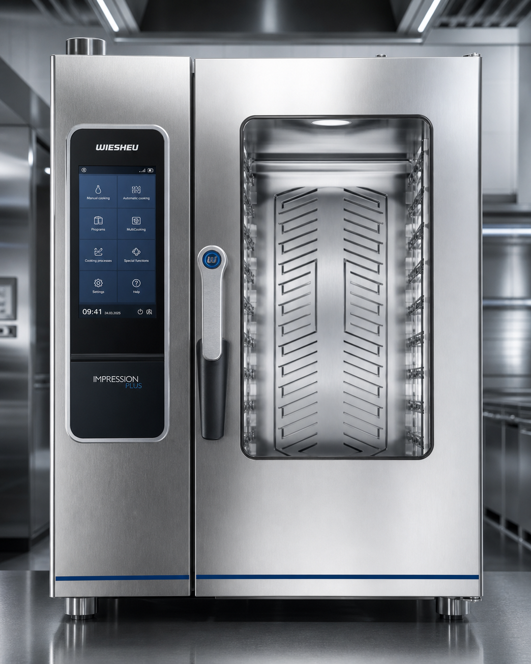 Horno Combinado Inteligente En Cocina Profesional De Acero Inoxidable Con Iluminación Técnica