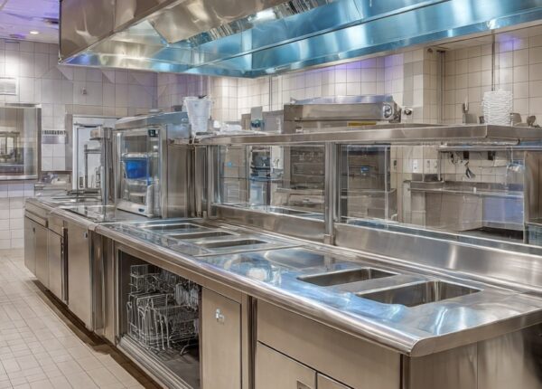 Lavavajillas industrial de cúpula en acero inoxidable en cocina profesional de hostelería