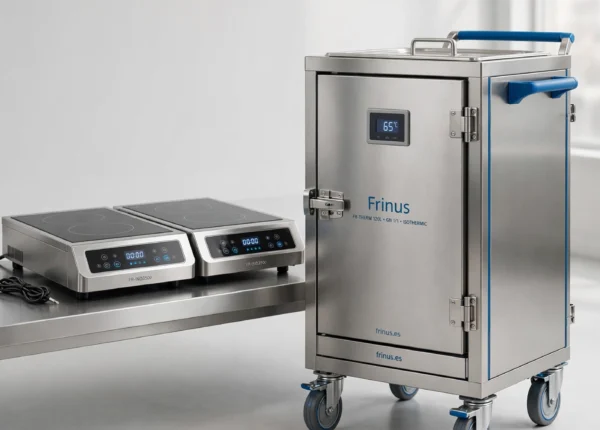 Cocina móvil de catering con placas de inducción portátiles y carro isotermo en acero inoxidable