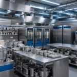 Cocina Industrial De Comedor Colectivo En Pleno Servicio Con Maquinaria De Gran Capacidad En Acero Inoxidable