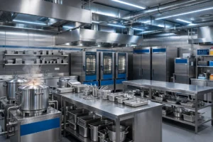 Cocina Industrial De Comedor Colectivo En Pleno Servicio Con Maquinaria De Gran Capacidad En Acero Inoxidable