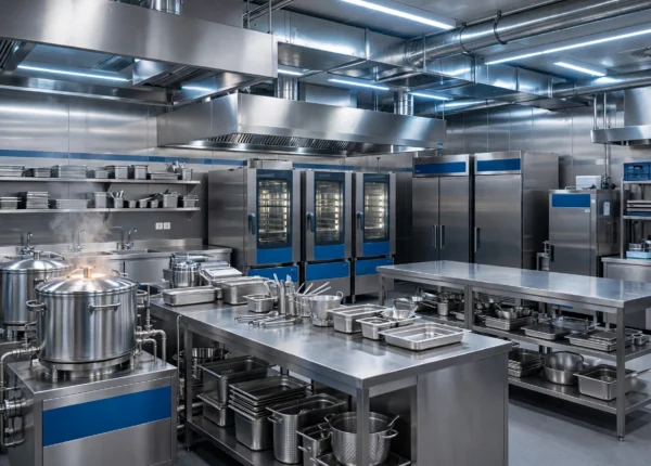 Cocina industrial de comedor colectivo en pleno servicio, con maquinaria de gran capacidad en acero inoxidable