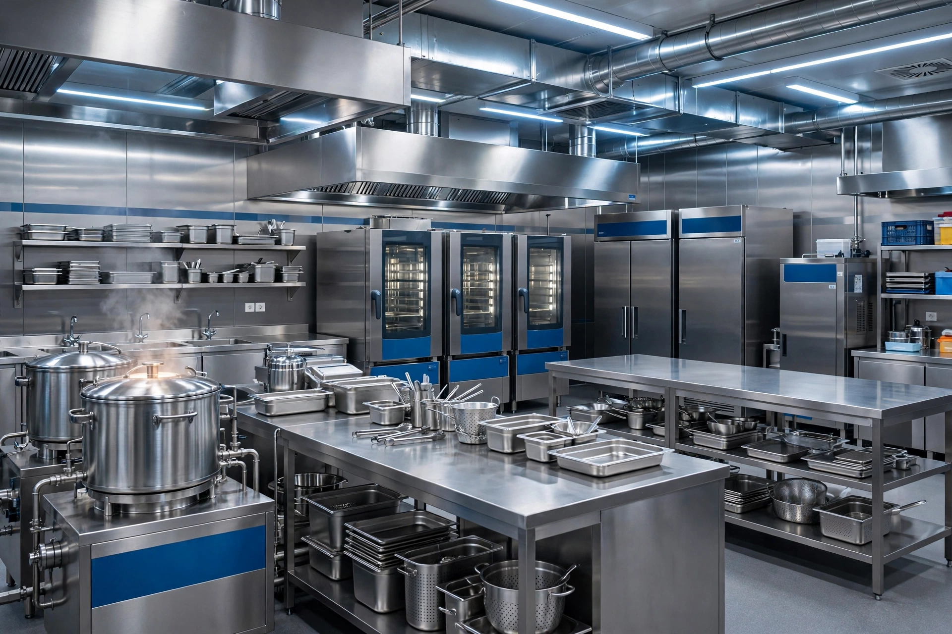 Maquinaria Para Comedor Colectivo En Cocina De Producción Cocina Industrial De Comedor Colectivo En Pleno Servicio Con Maquinaria De Gran Capacidad En Acero Inoxidable