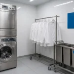 Lavadora Y Secadora Industriales En La Lavandería Interna De Un Restaurante Con Chaquetillas De Cocina Blancas Colgadas En Un Burro