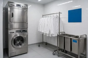 Lavadora Y Secadora Industriales En La Lavandería Interna De Un Restaurante Con Chaquetillas De Cocina Blancas Colgadas En Un Burro