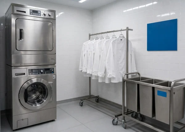 Lavadora y secadora industriales en la lavandería interna de un restaurante, con chaquetillas de cocina blancas colgadas en un burro