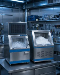 Comparativa De Máquina De Hielo En Cubitos Y Máquina De Hielo En Escamas En Taller Técnico