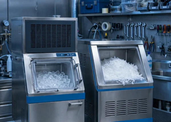 Comparativa de máquina de hielo en cubitos y máquina de hielo en escamas en taller técnico