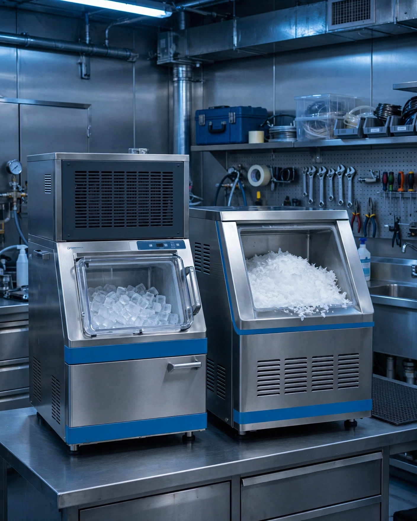 Comparativa De Máquina De Hielo En Cubitos Y Máquina De Hielo En Escamas En Taller Técnico