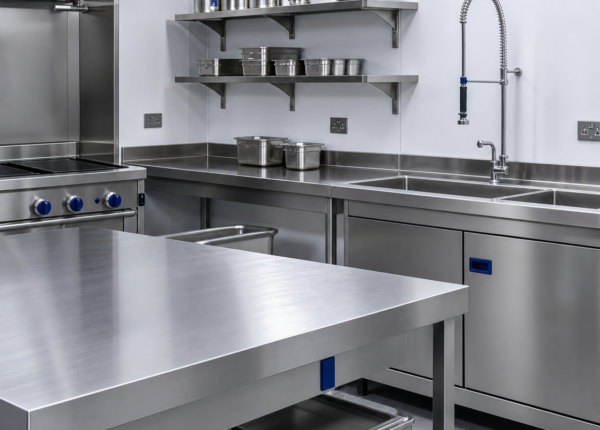 Cocina profesional equipada con mesas, estanterías y fregaderos de acero inoxidable AISI 304