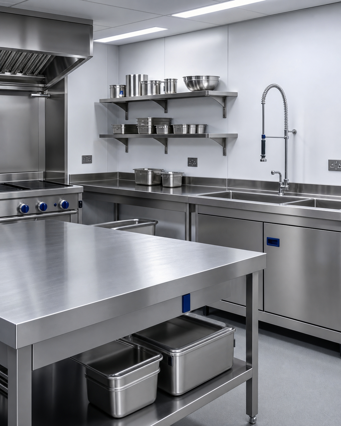 Cocina Profesional Equipada Con Mesas Estanterías Y Fregaderos De Acero Inoxidable Aisi 304