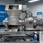 Picadora Industrial De Acero Inoxidable Sobre Banco De Trabajo En Taller Técnico