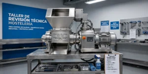 Picadora Industrial De Acero Inoxidable Sobre Banco De Trabajo En Taller Técnico
