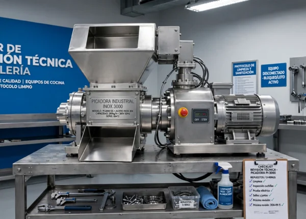 Picadora industrial de acero inoxidable sobre banco de trabajo en taller técnico