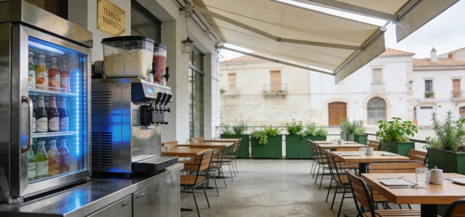 Outdoor cafe terrace with wooden tables and chairs; a stainless steel beverage station and drink fridge on the left.